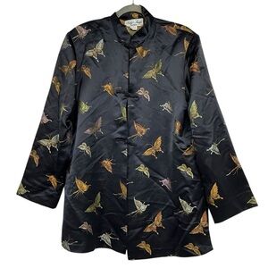 Vintage Y2K Asian Butterfly Embroidered Satin Jacket Black Rayon Size XL Boho